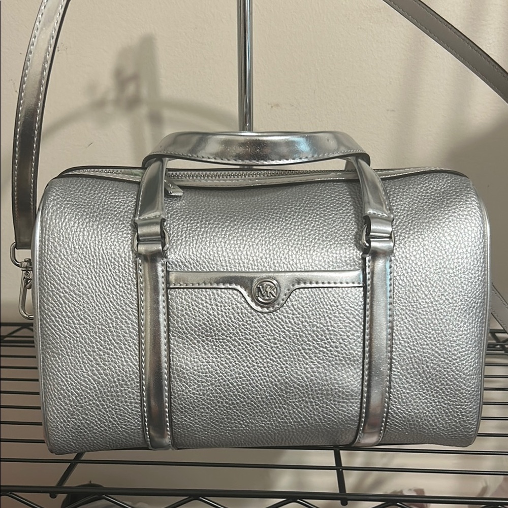 NWT Michael Kors Silver Duffel Bag with Pebbled Finish